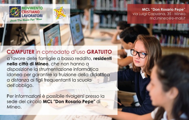 A Mineo, lodevole iniziativa di MCL: computer in comodato d'uso gratuito a studenti per la didattica a distanza